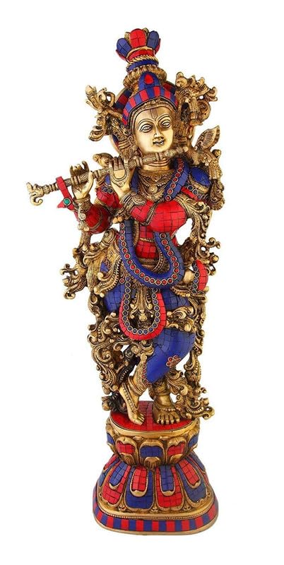 Brass Krishna Bhagwan Idol in Gold Color Height 29 Inch - SvarupArt