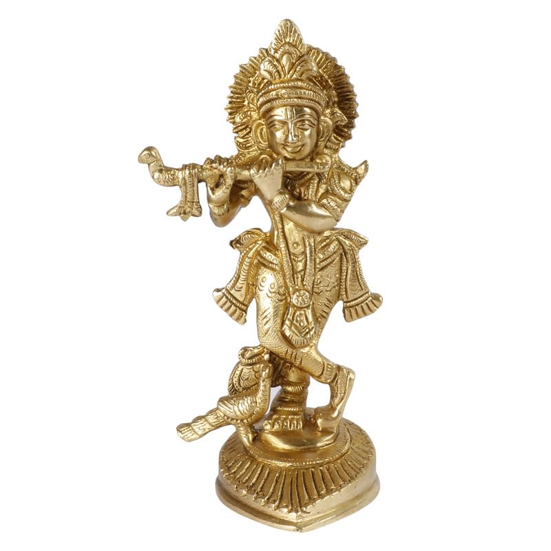 Brass Krishna Murti with Peacock in Gold Color Height 6 Inch - SvarupArt