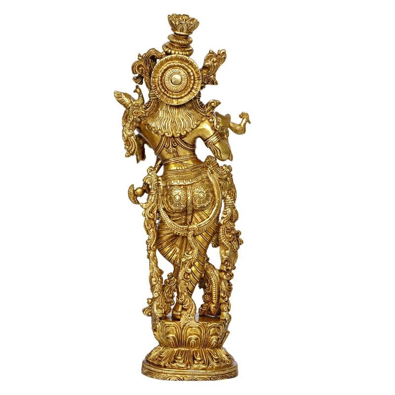 Brass Krishna Krishan Murti Idol Statue Sculpture Golden 14 Inches - SvarupArt