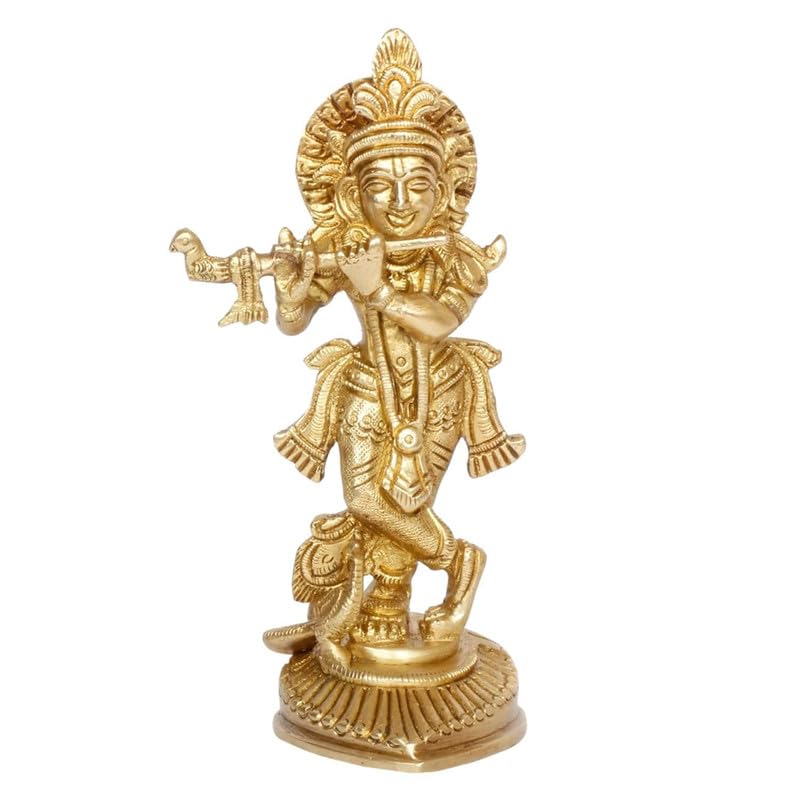 Brass Krishan Bahgwan Murti in Gold Color Height 6.5 Inch - SvarupArt
