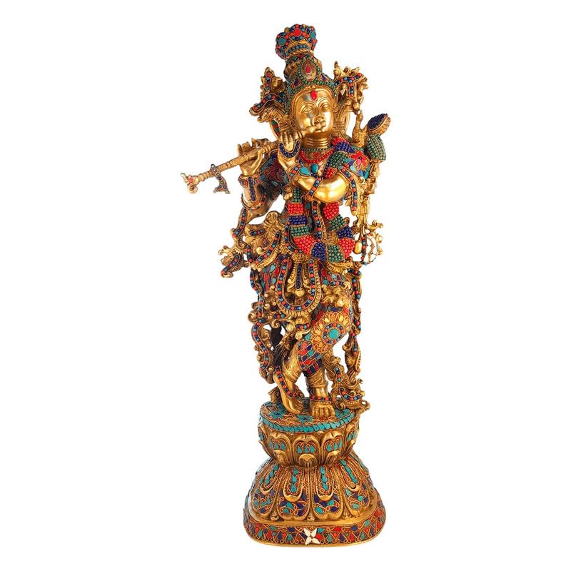 Brass Krishna Murti in Multicolor Height 29 Inch - SvarupArt