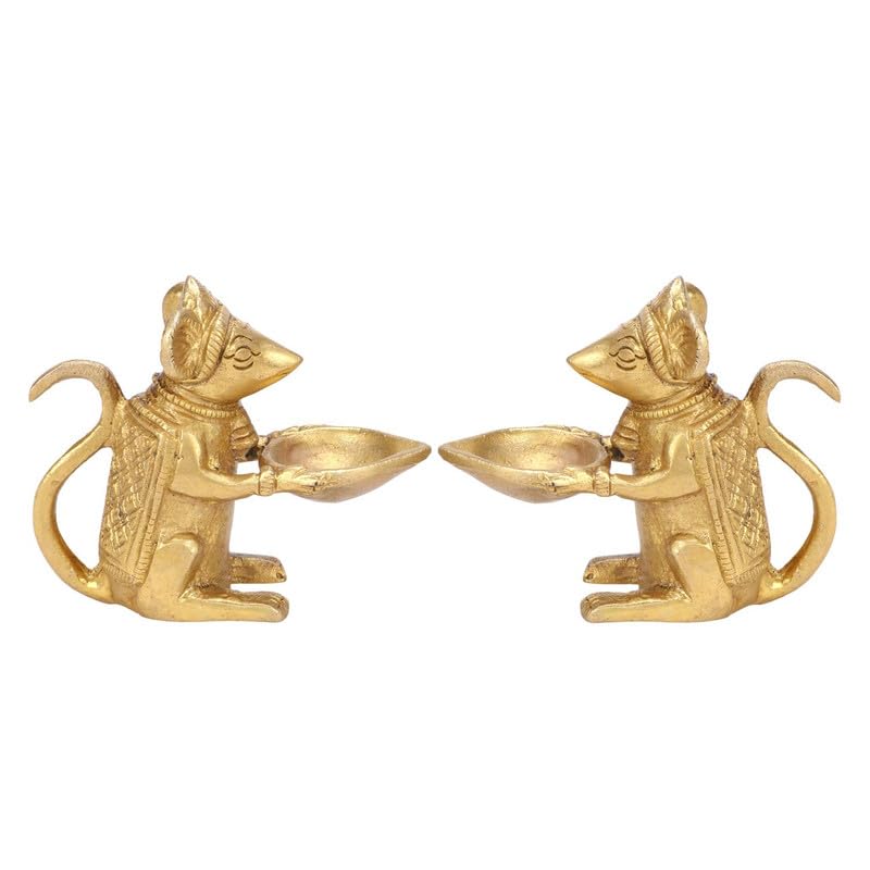 Brass Ganesha Rat Diya Oil Lamp Pair: Home Decor, Vastu Gift, Diwali Puja - SvarupArt