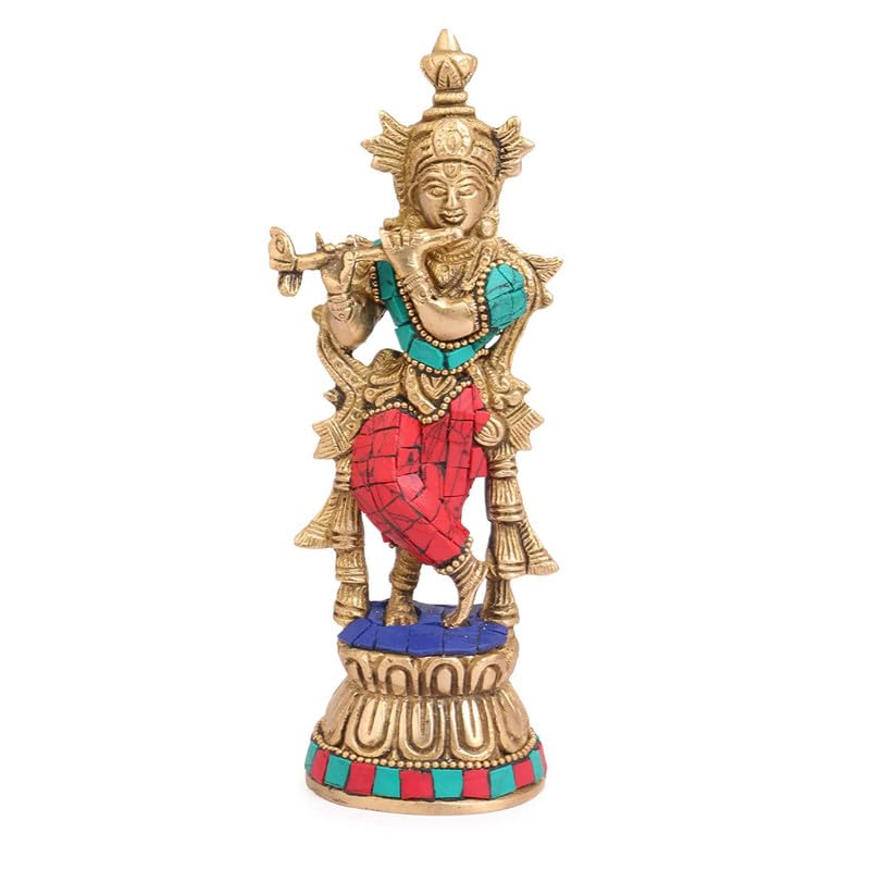Brass Krishna Bhagwan Murti in Multicolor Height 6.5 Inch - SvarupArt