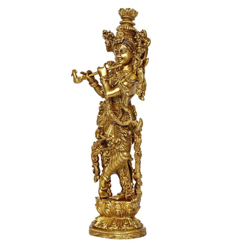 Brass Krishna Krishan Murti Idol Statue Sculpture Golden 14 Inches - SvarupArt