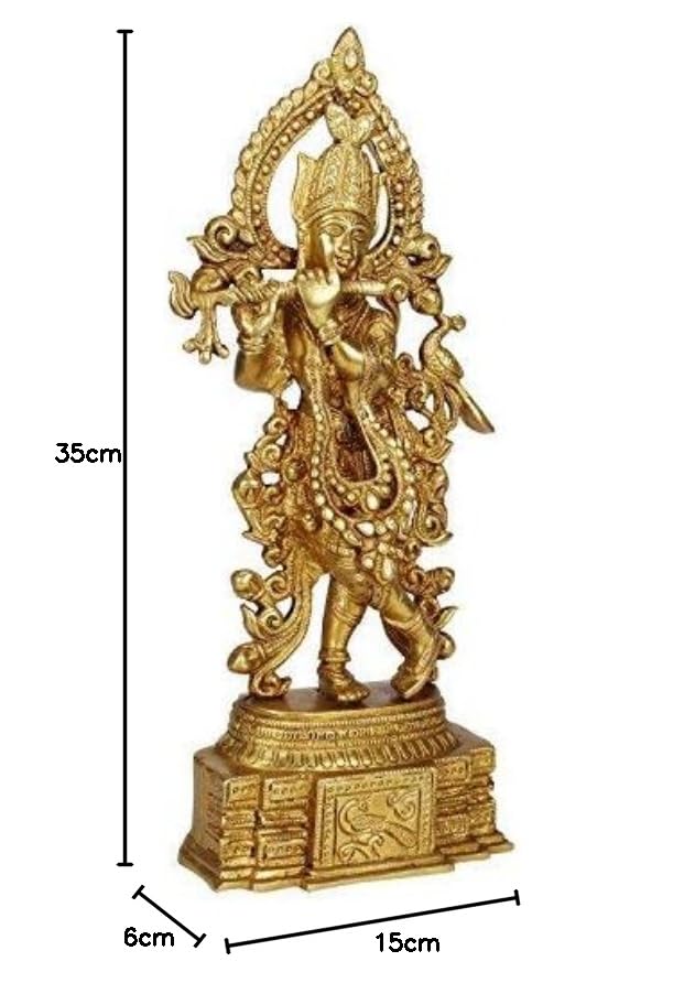 Brass Krishna Bhagwan Idol Murli Kishan Murti Playing Bansuri Gift for Home Mandir Decor Marriage Height 13.7 Inch - SvarupArt