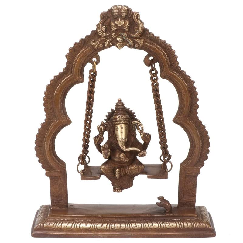 Brass Jhula Ganesha Idol In Gold Color Height 5 Inch Weight 1.7 Kg - SvarupArt