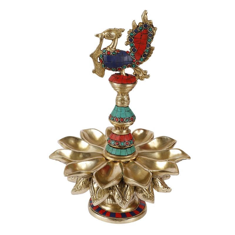 Brass Diyas for Puja : Peacock Oil Lamp Diya with Table Stand for Decoration in Home Temple Mandir Multicolor Stone Work - SvarupArt
