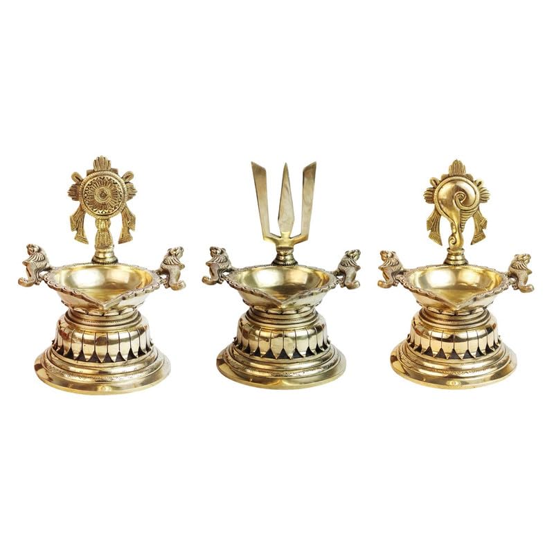 8 Inch Large Gold Color Brass Diya with Shankha, Chakra, and Vishnu Symbol: A stunning showpiece for home decor - SvarupArt