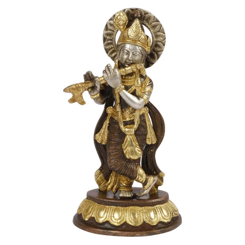 Brass Krishna Murti in Brown Color Height 8.5 Inch - SvarupArt