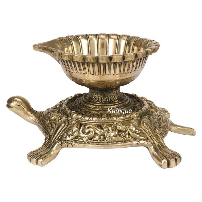 Brass Large Size Diya Deepak: Ideal for Puja Room, featuring a Tortoise (Kachua) Statue - SvarupArt