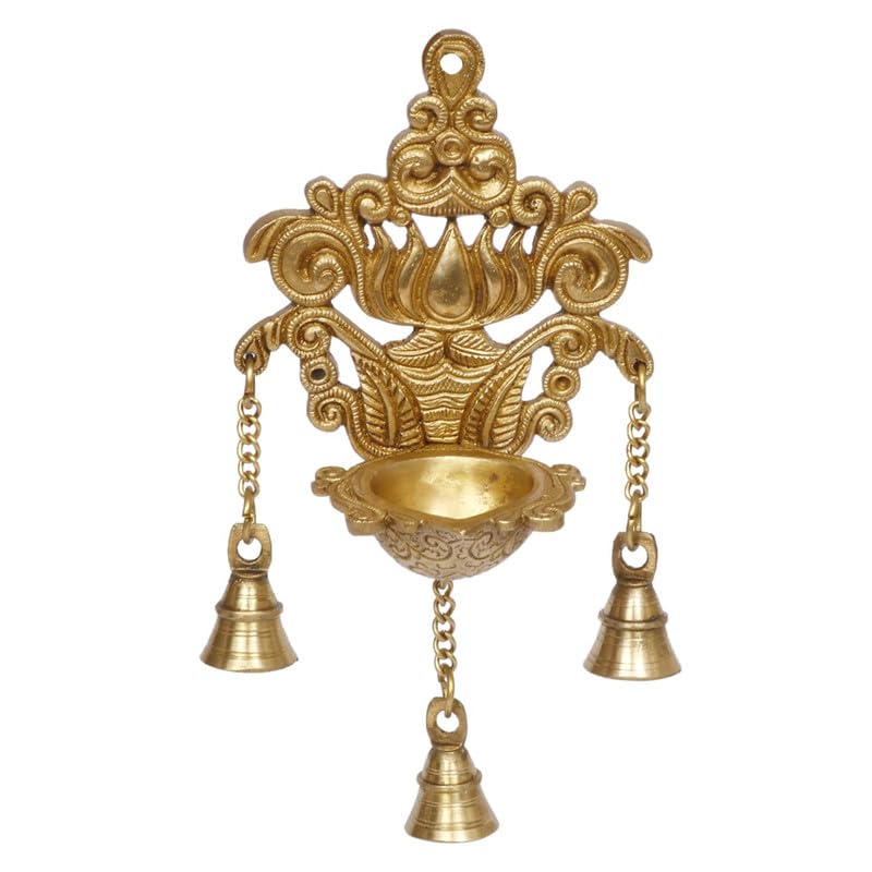 Brass Diya with Three Hanging Bells on Chain: Ideal for Designer Wall Diya, Home and Office Decor - SvarupArt