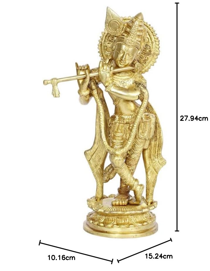 Brass Krishna Bhagwan Murti in Gold Color Height 11 Inch - SvarupArt
