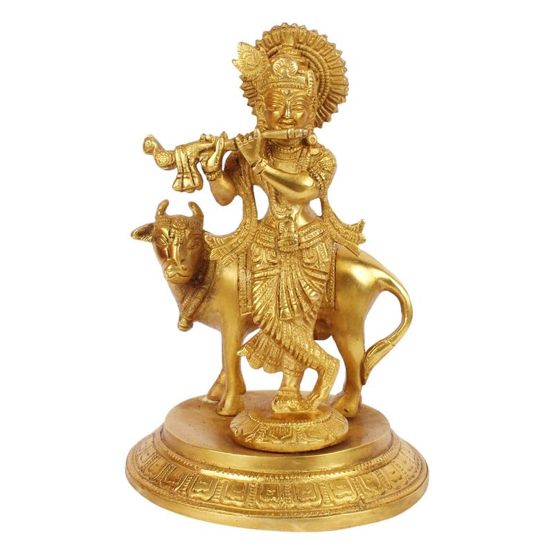 Brass Krishna Bhagwan Idol with Gau Mata in Gold Color Height 7.5 Inch - SvarupArt