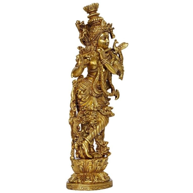 Brass Krishna Krishan Murti Idol Statue Sculpture Golden 14 Inches - SvarupArt