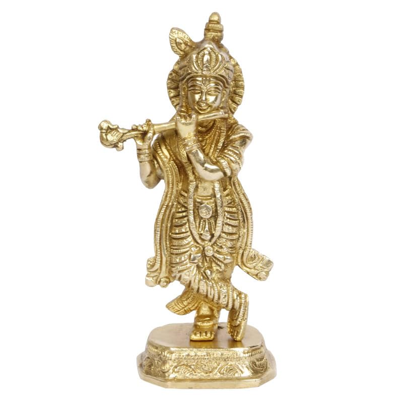 Brass Krishna Idol on Round Base in Gold Color Height 7-Inch - SvarupArt