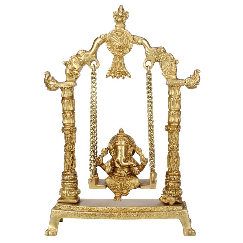 Brass Jhula Ganesha Idol In Gold Color Height 7 Inch Weight 2.2 Kg - SvarupArt