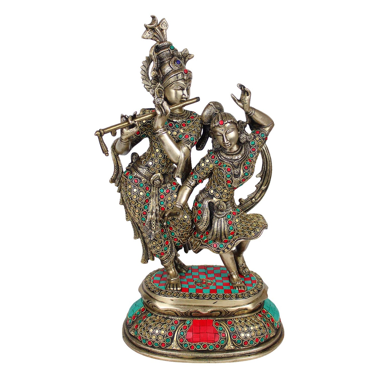Brass Radha Krishna Dancing Murti in Multicolor Height 16 Inch - SvarupArt