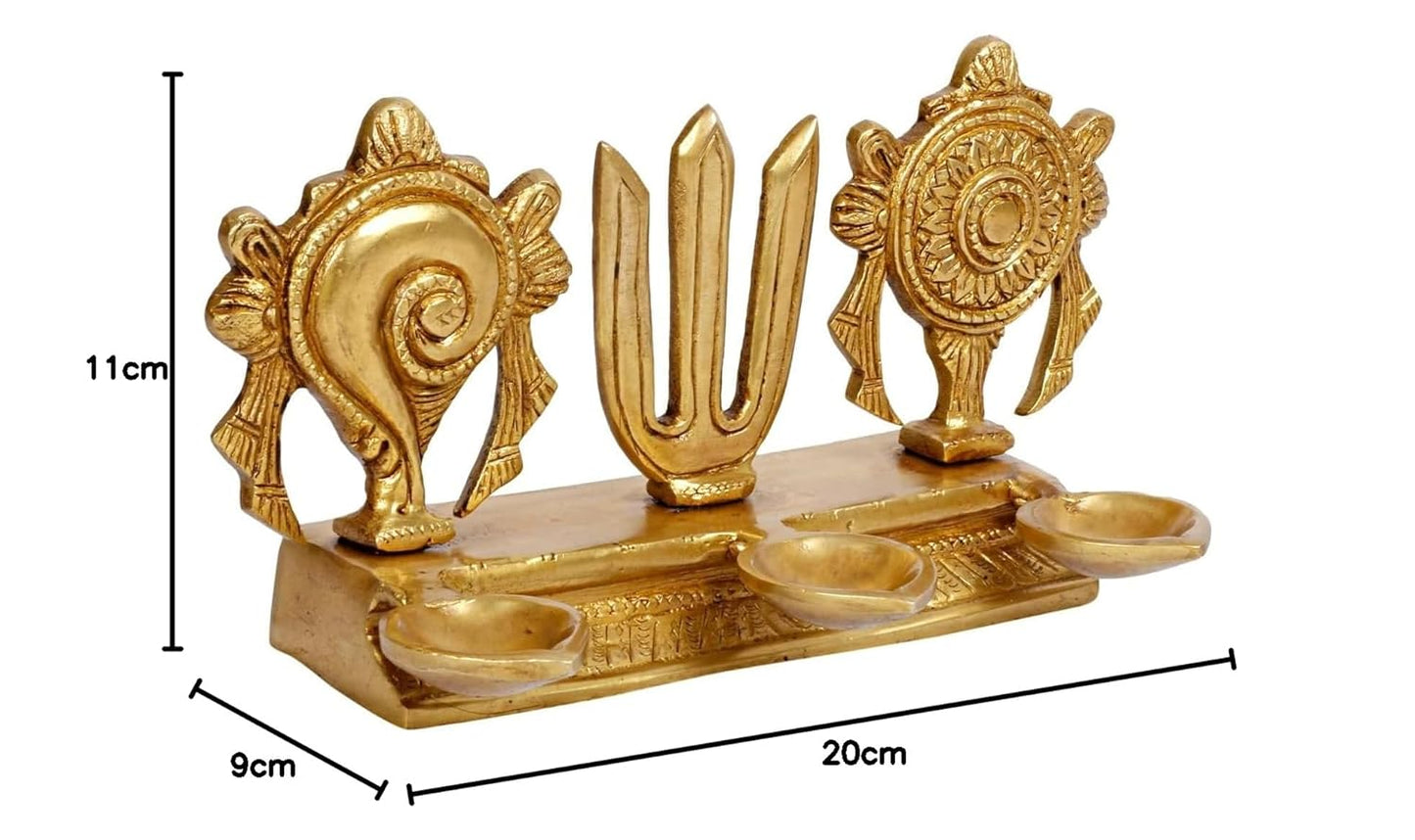 4.25 Inch Brass Shankh Chakra Namah Diya: Gold Color - SvarupArt