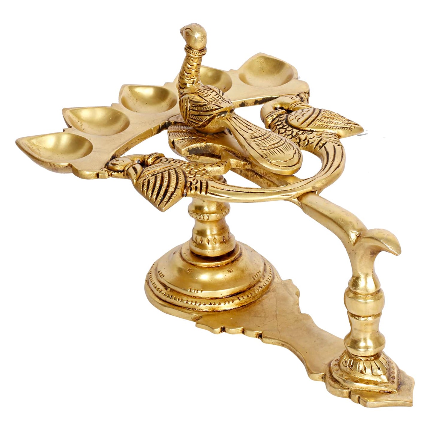 8 Inch Gold Color Brass Heavy Panch Arti Diya: Featuring a Peacock Handle and Five Diyas in One - SvarupArt