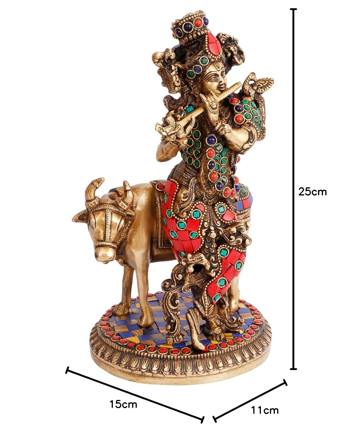 Brass Krishna Bhagwan Murti with Gau Mata in Multi Color Height 10 Inch - SvarupArt