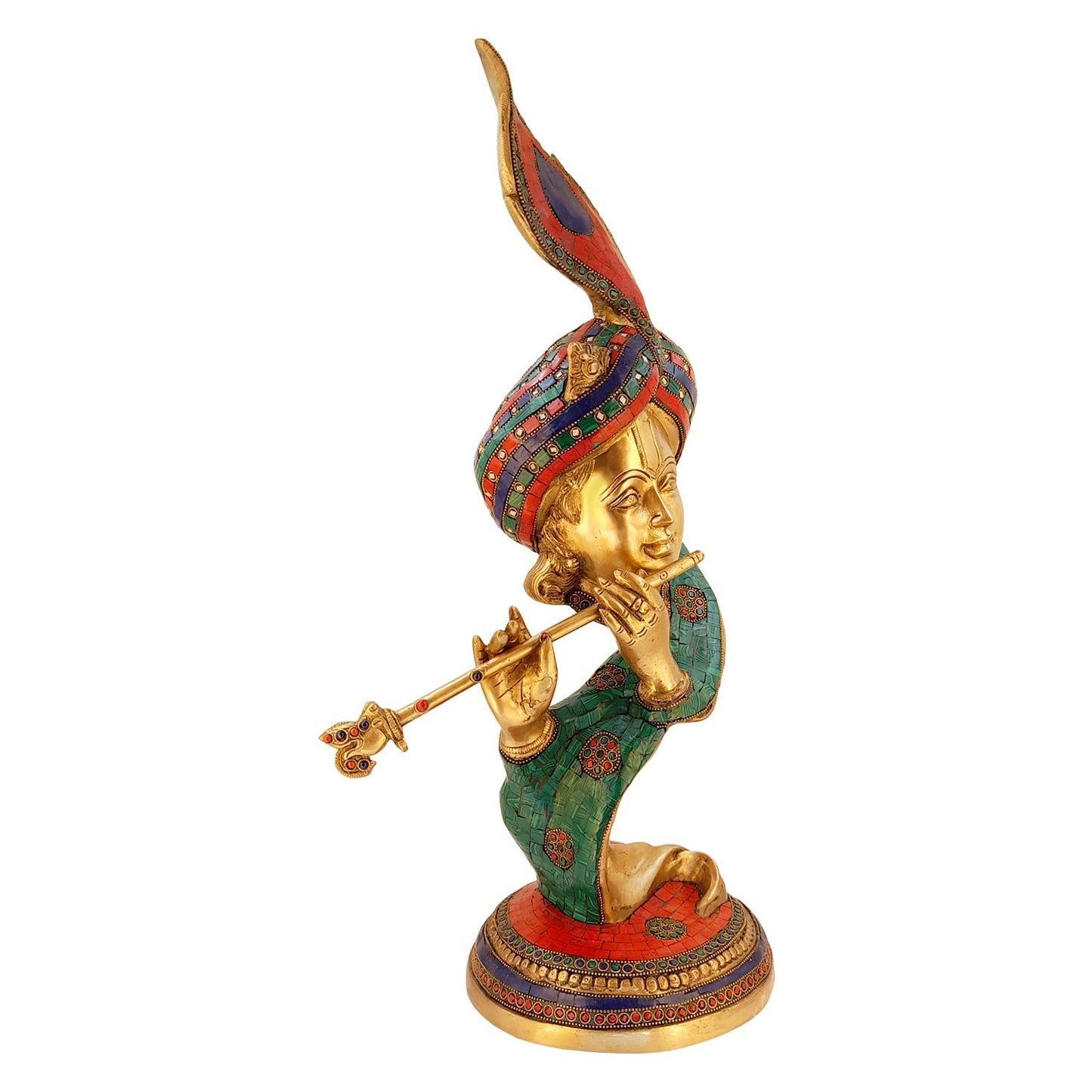 Brass Krishna Bhagwan Idol Murli Kishan Murti Playing Bansuri with Morpankh Gift for Home Mandir Decor Marriage - SvarupArt
