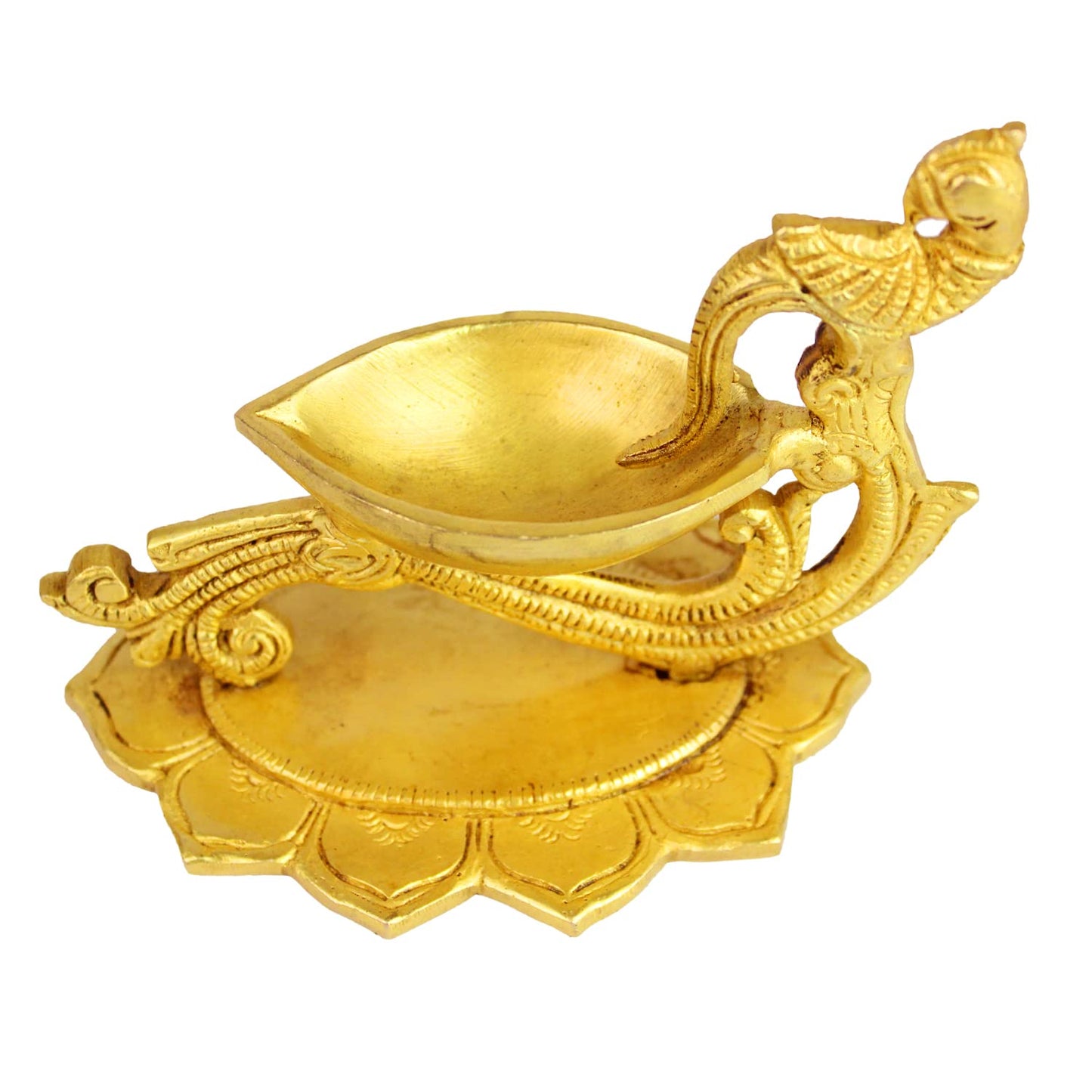 4 Inch Gold Color Brass Peacock Diya with Base: Small Size, Ideal for Home Temple Decor & Aarti - SvarupArt