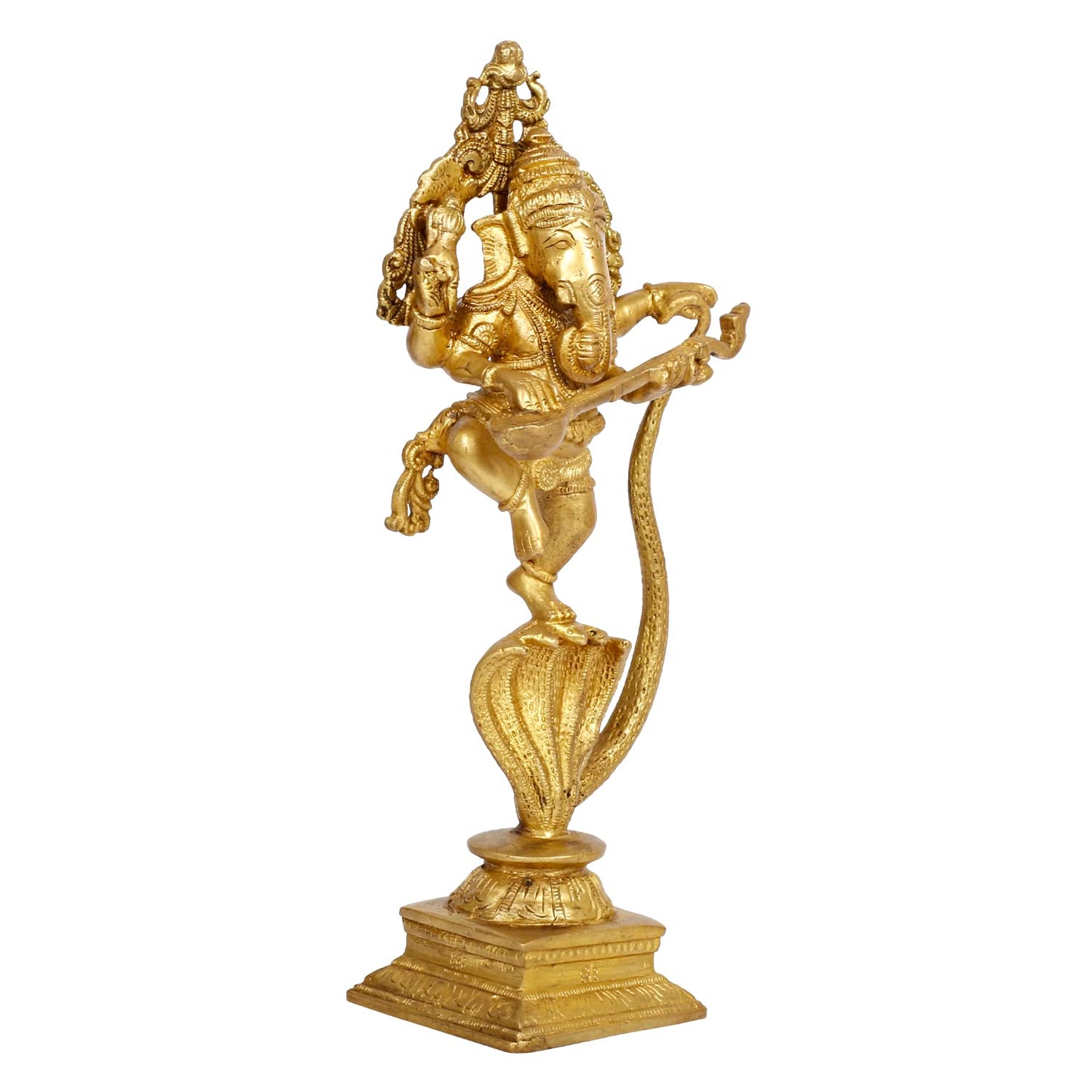 Brass Dancing Ganesha on a Snake Head with Playing Veena, Lord Dancing Ganesh on Snake, Ganpati, Temple Puja Home Decor - SvarupArt