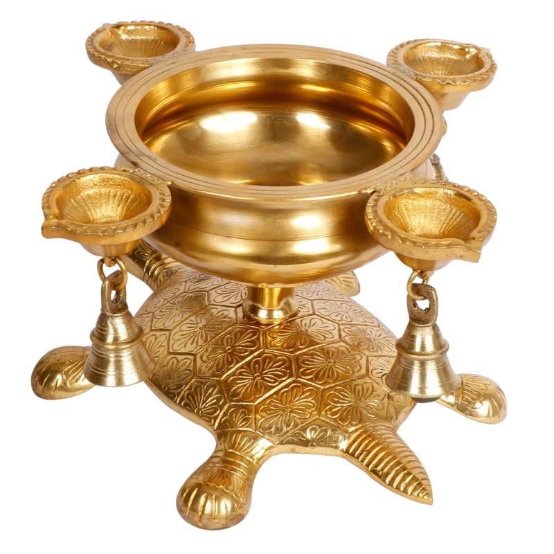 Brass Oil Lamp Diya with Urli on Tortoise: Ideal for Temple Decor, Kapoor/Kapur Burner, and Table Decoration - SvarupArt