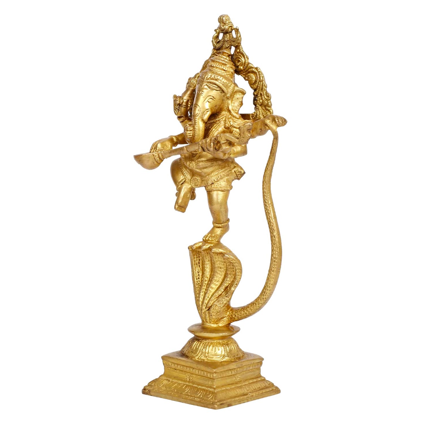 Brass Dancing Ganesha on a Snake Head with Playing Veena, Lord Dancing Ganesh on Snake, Ganpati, Temple Puja Home Decor - SvarupArt