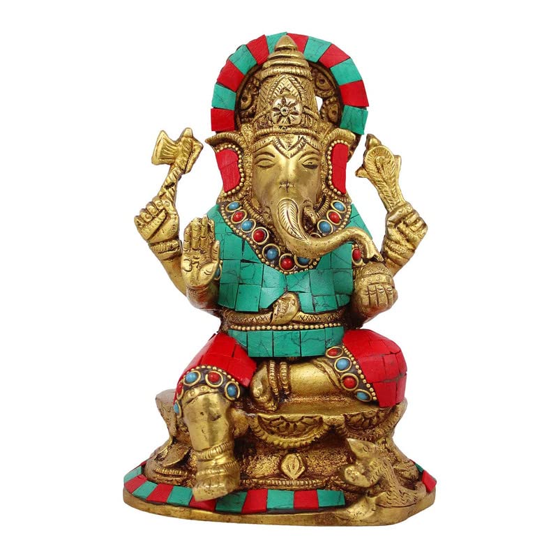 Brass Sitting Ganesha Idol In Multicolor Height 6.5 Inch Weight 1.6 Kg - SvarupArt