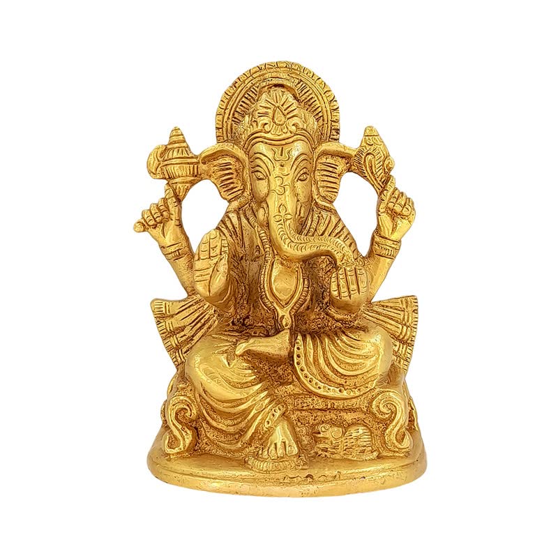 Brass Sitting Ganesha Idol In Gold Color Height 3.75 Inch Weight 0.55 Kg - SvarupArt