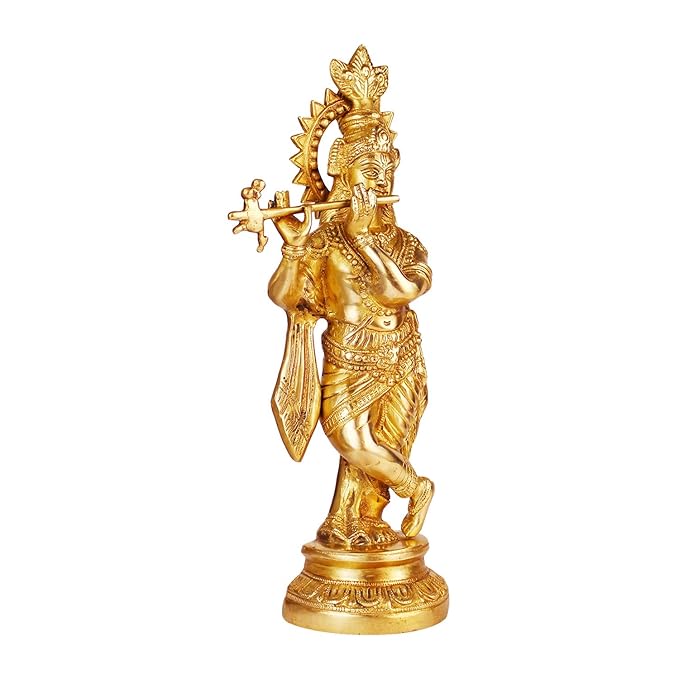Brass Krishna Bhagwan Idol Murli Kishan Murti Playing Bansuri Gift for Home Mandir Decor Marriage Height 15 Inch - SvarupArt