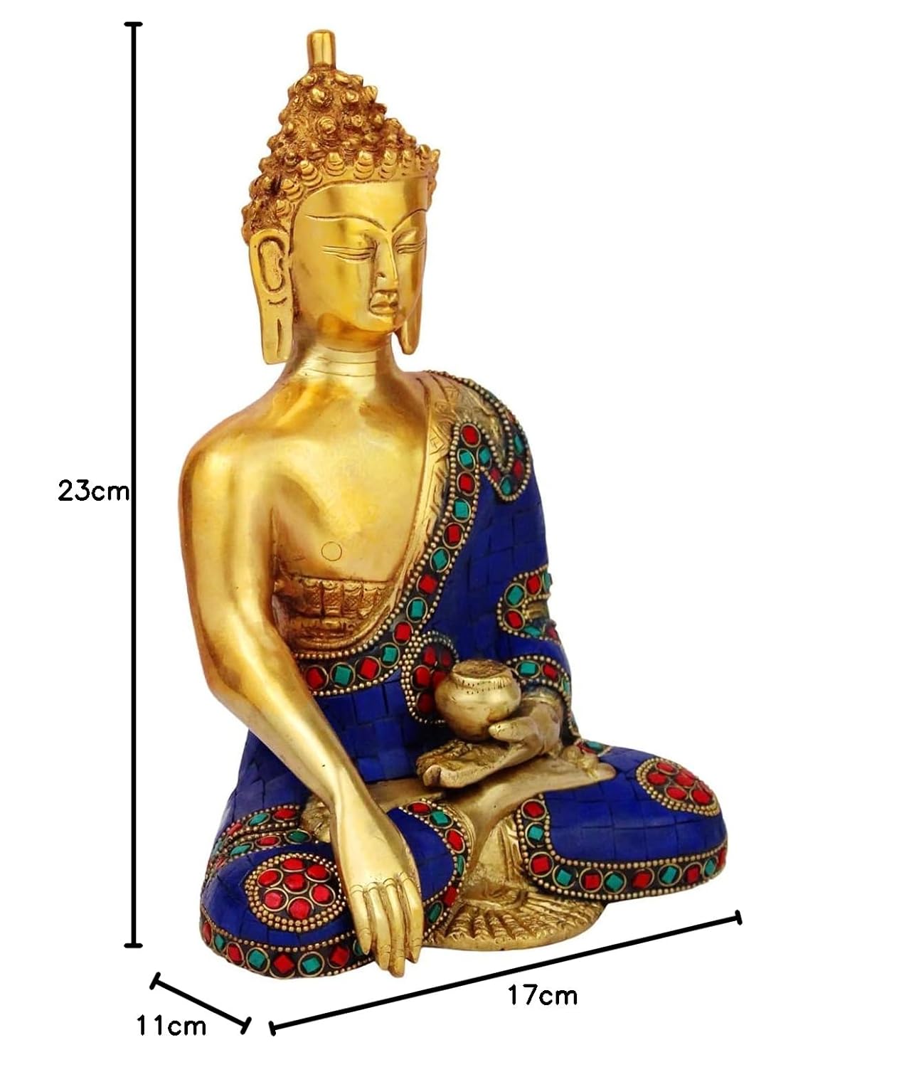 Brass Buddha Idol in Bhumisparsha Mudra Statue Tibetan Buddhist Decor Height 9 Inch Weight 2.7 Kg Mult-Color - SvarupArt