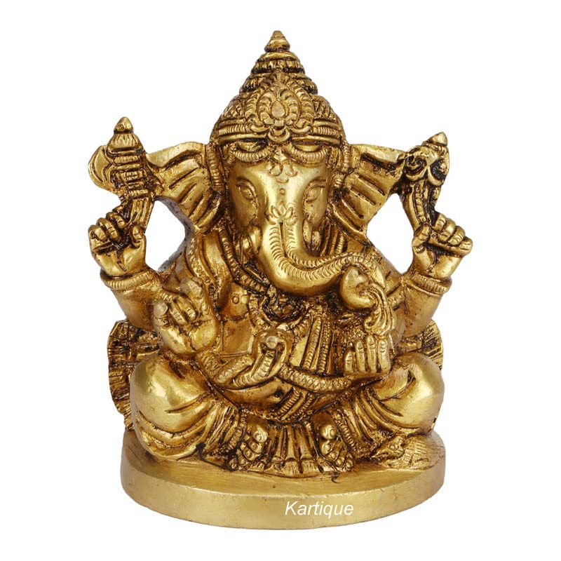 Brass Lord Ganesh Ganesha Bhagwan Murti Idol In Gold Color Height 4 Inch - SvarupArt