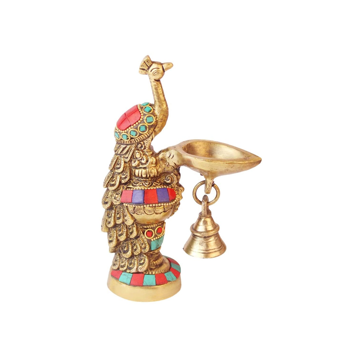 Brass Ethnic Carved Peacock Design Brass Diya with Bell, Brass Antique Oil Lamp, Brass Diyas for Home. - SvarupArt