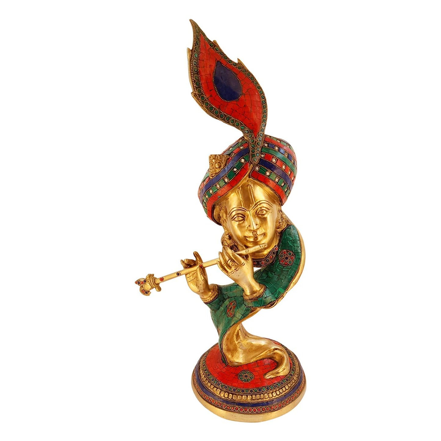 Brass Krishna Bhagwan Idol Murli Kishan Murti Playing Bansuri with Morpankh Gift for Home Mandir Decor Marriage - SvarupArt