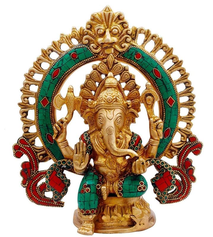 Brass Sitting Ganesha Idol In Multicolor Height 7.5 Inch Weight 2.6 Kg - SvarupArt