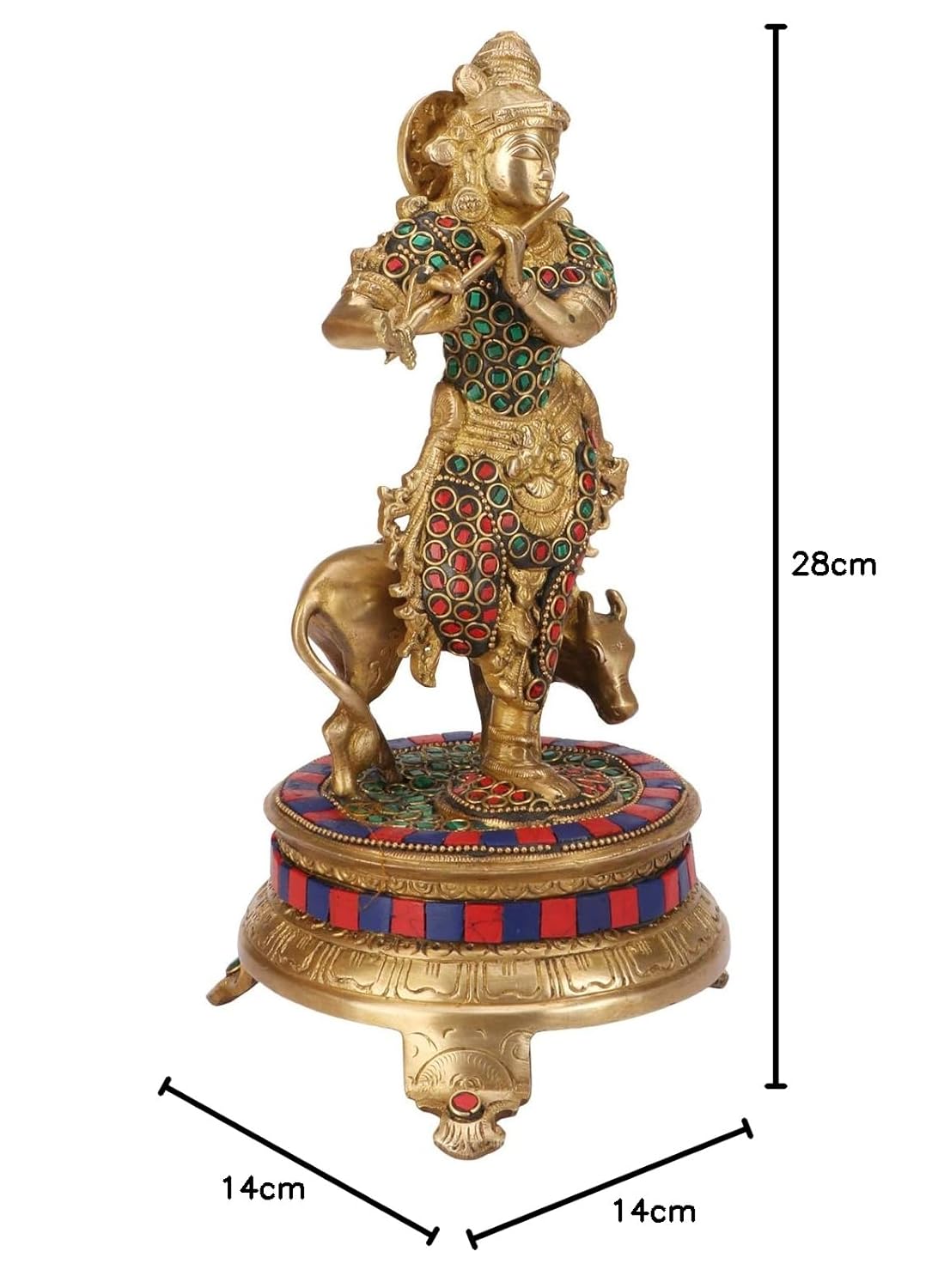 Brass Shri Krishna Idol with Cow Kishan Bhagwan Murti Lord Krishna Cow Statue with Flute Big Size Height 11 Inch - SvarupArt