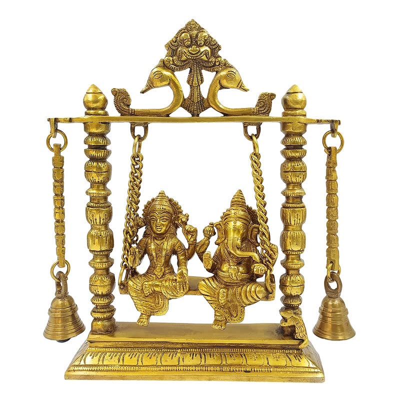 Brass Jhula Ganesha Idol In Gold Color Height 6 Inch Weight 2.5 Kg - SvarupArt