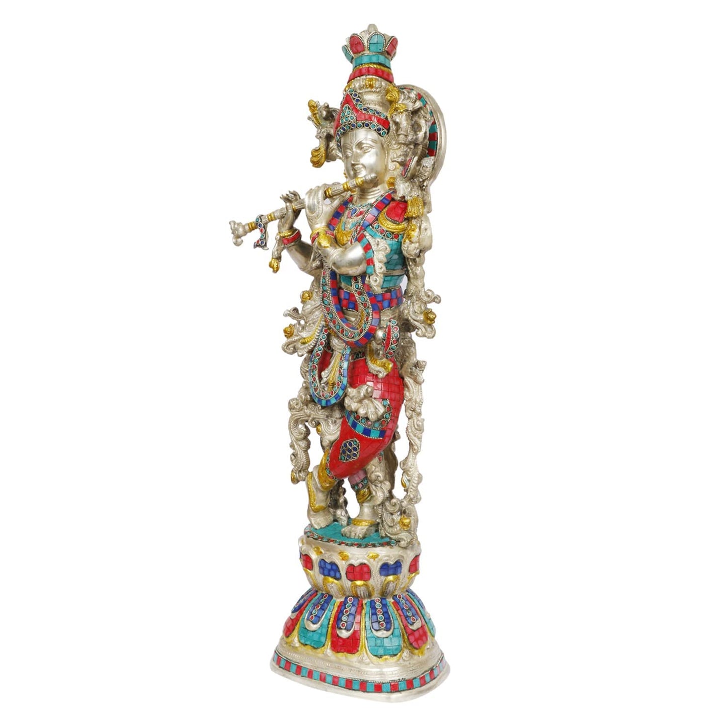 Brass Krishna Bhagwan Idol Murli Kishan Murti Playing Bansuri Gift for Home Mandir Decor Marriage Height 29 Inch - SvarupArt