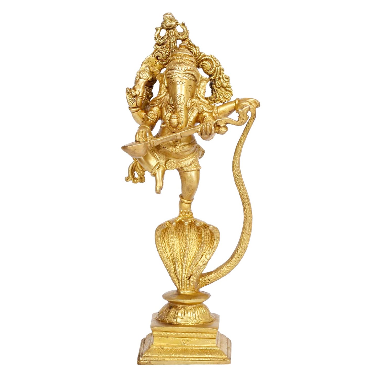 Brass Dancing Ganesha on a Snake Head with Playing Veena, Lord Dancing Ganesh on Snake, Ganpati, Temple Puja Home Decor - SvarupArt