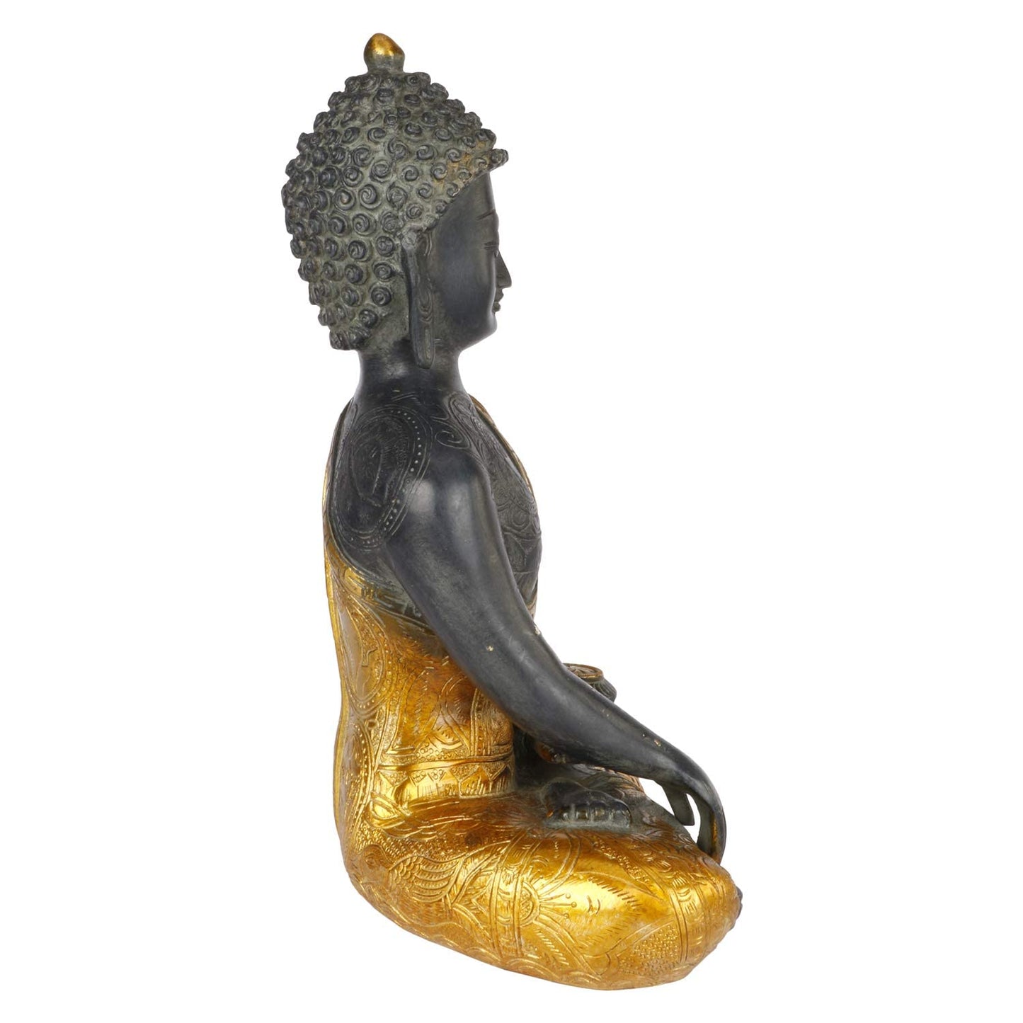 Brass Buddha Idol in Bhumisparsha Mudra Statue Tibetan Buddhist Décor Height 12 Inch Weight 6 Kg Color Golden Black - SvarupArt