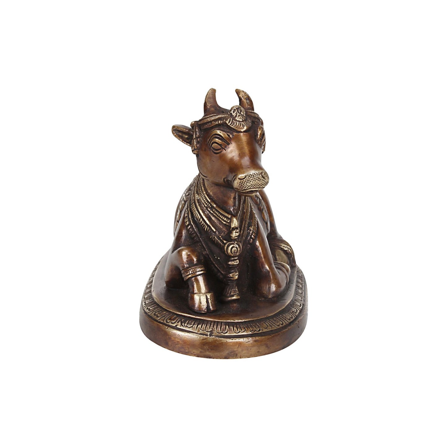 Brass Nandi Shiv Ji Parvati Vehicle Bull Statue Idol Shiva Devotee Puja and Decor 5.5 Inches Copper Gold Color 1 Pcs - SvarupArt