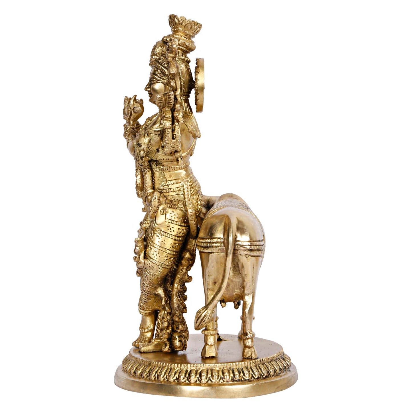 Brass Shri Krishna Idol with Cow Kishan Bhagwan Murti Lord Cow Krishna Statue for Living Room Decor Gold Color 10 Inch - SvarupArt