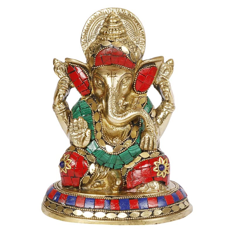 Brass Sitting Ganesha Idol In Multicolor Height 7 Inch Weight 1.8 Kg - SvarupArt