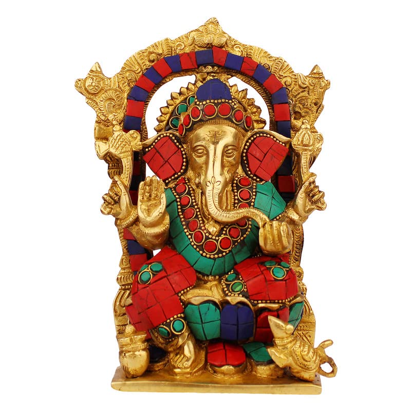 Brass Sitting Ganesha Idol In Multicolor Height 5.5 Inch Weight 2.2 Kg - SvarupArt