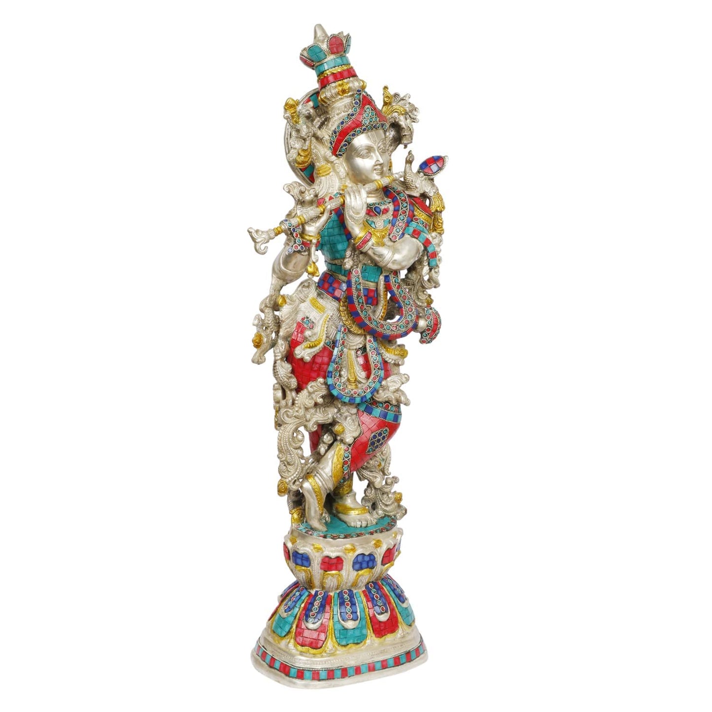 Brass Krishna Bhagwan Idol Murli Kishan Murti Playing Bansuri Gift for Home Mandir Decor Marriage Height 29 Inch - SvarupArt
