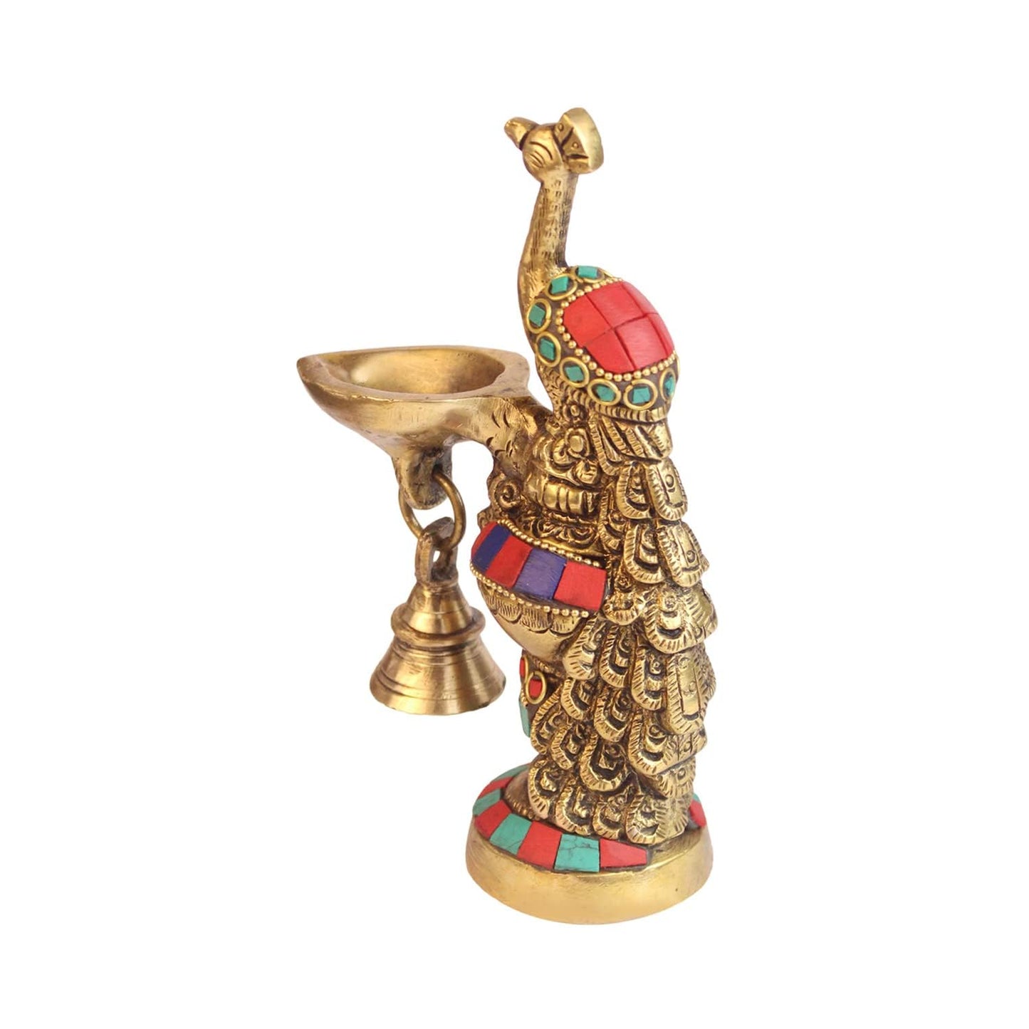 Brass Ethnic Carved Peacock Design Brass Diya with Bell, Brass Antique Oil Lamp, Brass Diyas for Home. - SvarupArt