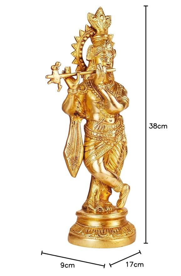 Brass Krishna Bhagwan Idol Murli Kishan Murti Playing Bansuri Gift for Home Mandir Decor Marriage Height 15 Inch - SvarupArt