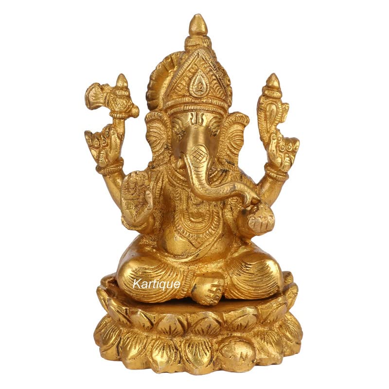 Brass Ganesha sitting On Lotus Idol In Gold Color Height 6 Inch Weight 1.5 Kg - SvarupArt